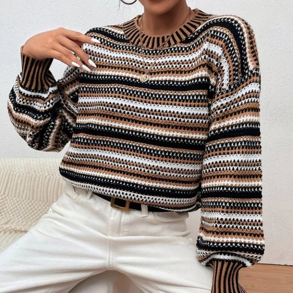 casual striped lantern sleeve sweater top - Picture 4 of 7